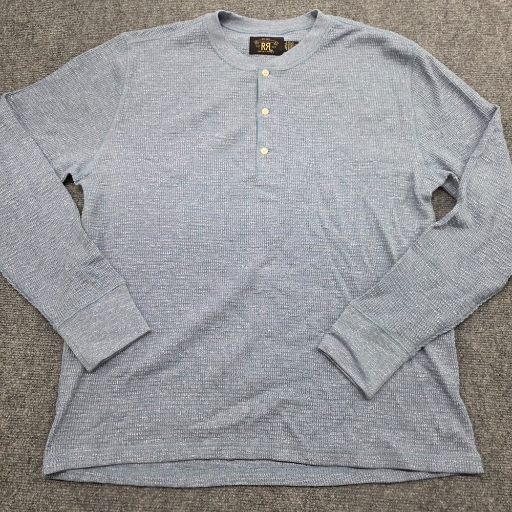 RRL Ralph Lauren Waffle Knit Henley Shirt Men's XL Gray Blue Long Sleeve - Picture 2 of 12